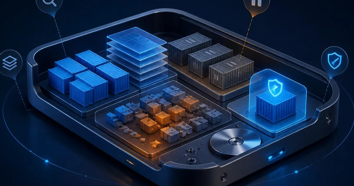 Almacenamiento Docker con contenedores, capas de imágenes, caché y un volumen de datos protegido