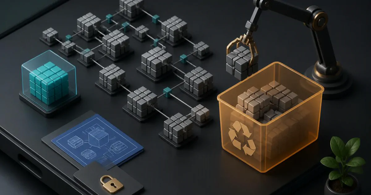 Robotická paže přesouvá modulární blok závislostí do oranžové recyklační nádoby, zatímco schéma projektu, zámek a chráněný blok zůstávají na stole