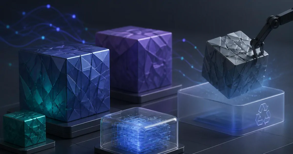 Robotická paže odstraňuje jeden geometrický blok modelu AI, zatímco ostatní barevné bloky zůstávají vedle a jeden je pod průhledným krytem