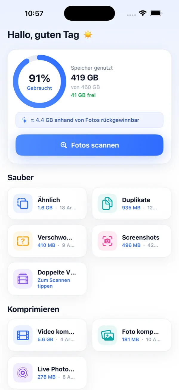 Photo Slim — Doppelte Fotos aufräumen & Videos komprimieren fürs iPhone