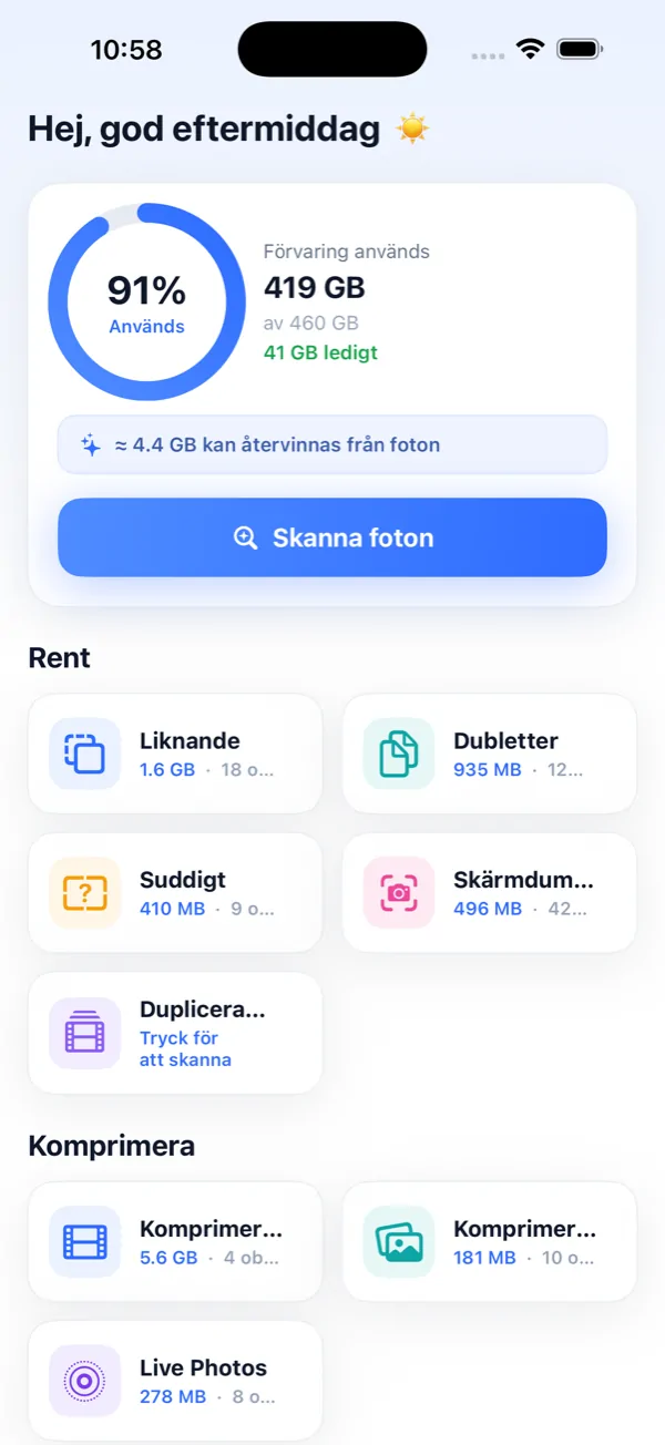Photo Slim — rensa dubblettbilder & komprimera video på iPhone